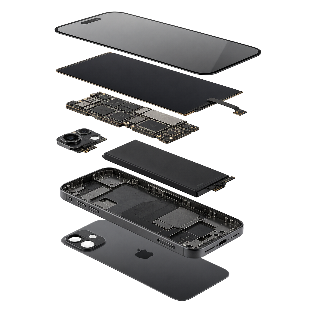 iPhone desmontado. Visão explodida das peças flutuando lado a lado.
